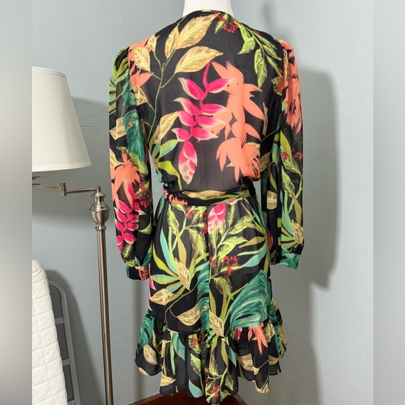 Patbo Tropicalia Short Sheer Coverup Dress Shoulder Pads Tropical Leaf - Picture 3 of 7